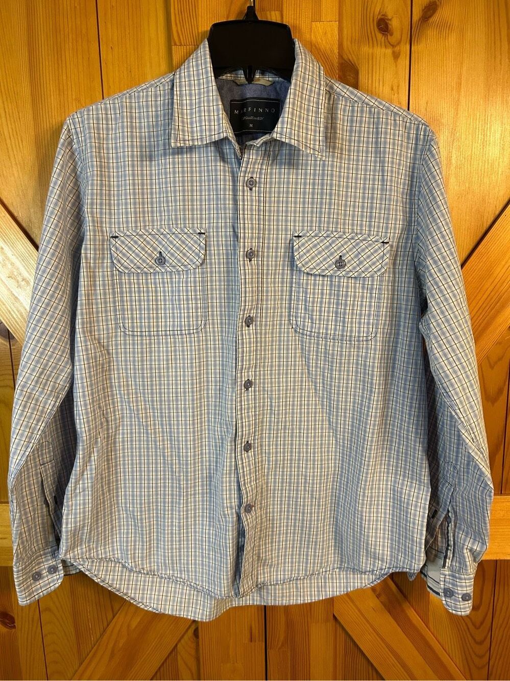 Marfinno Button Up Shirt Men's Medium Blue White Black Plaid Pockets (0165)